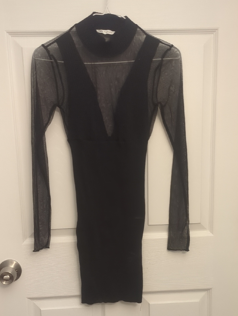 Zara Black Sheer Mesh Long-Sleeve Bodycon Dress